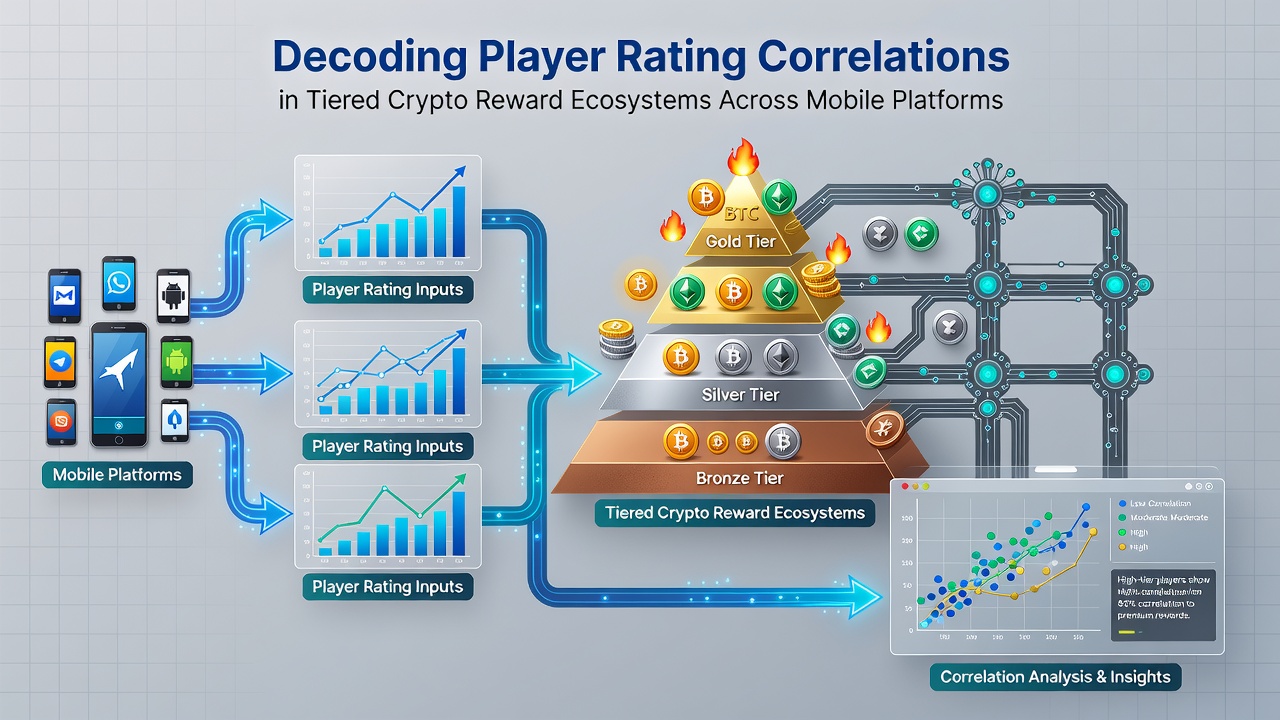 Analytics dashboard showing correlations between mobile player ratings and tiered crypto reward structures