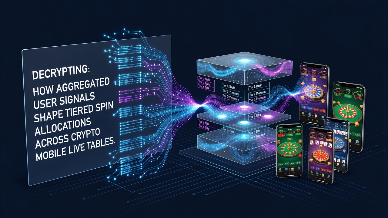 Visual representation of user signal data flowing into tiered spin allocation systems on crypto mobile live tables