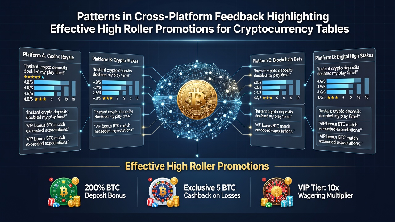 Cross-platform player feedback dashboard showing cryptocurrency table promotions and high roller engagement metrics